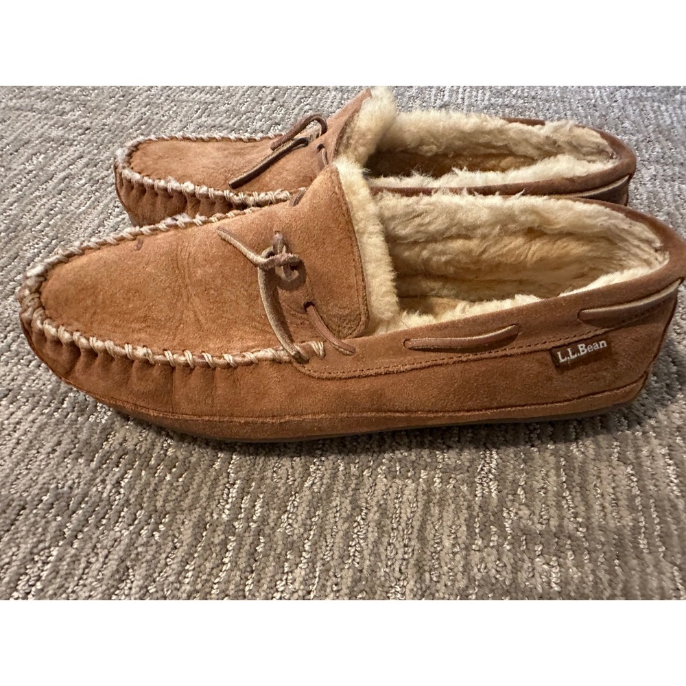 LL Bean Wicked Good Moccasins Mens 11 Brown Suede Shearling Slippers 264593